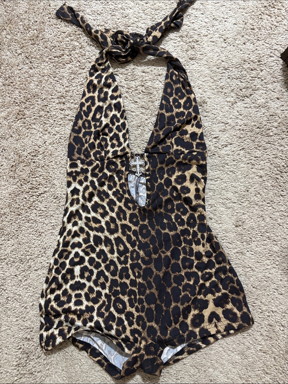 Leopard Print Halter Bodysuit Romper - Black & Tan